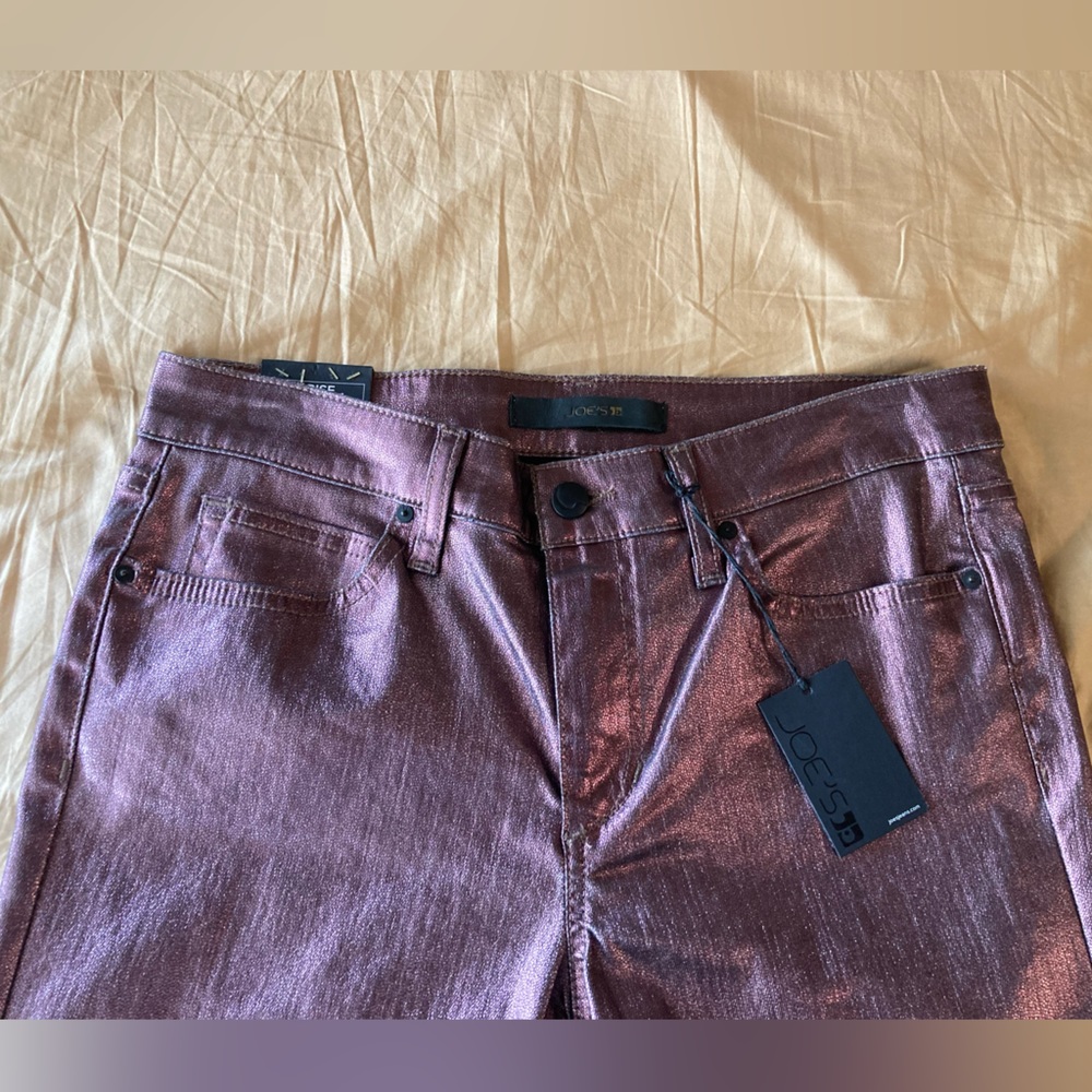 Joe's Jeans Mid Rise Skinny Stretch Rasberry Leather Coated Metallic Skinny Jean - Picture 9 of 16